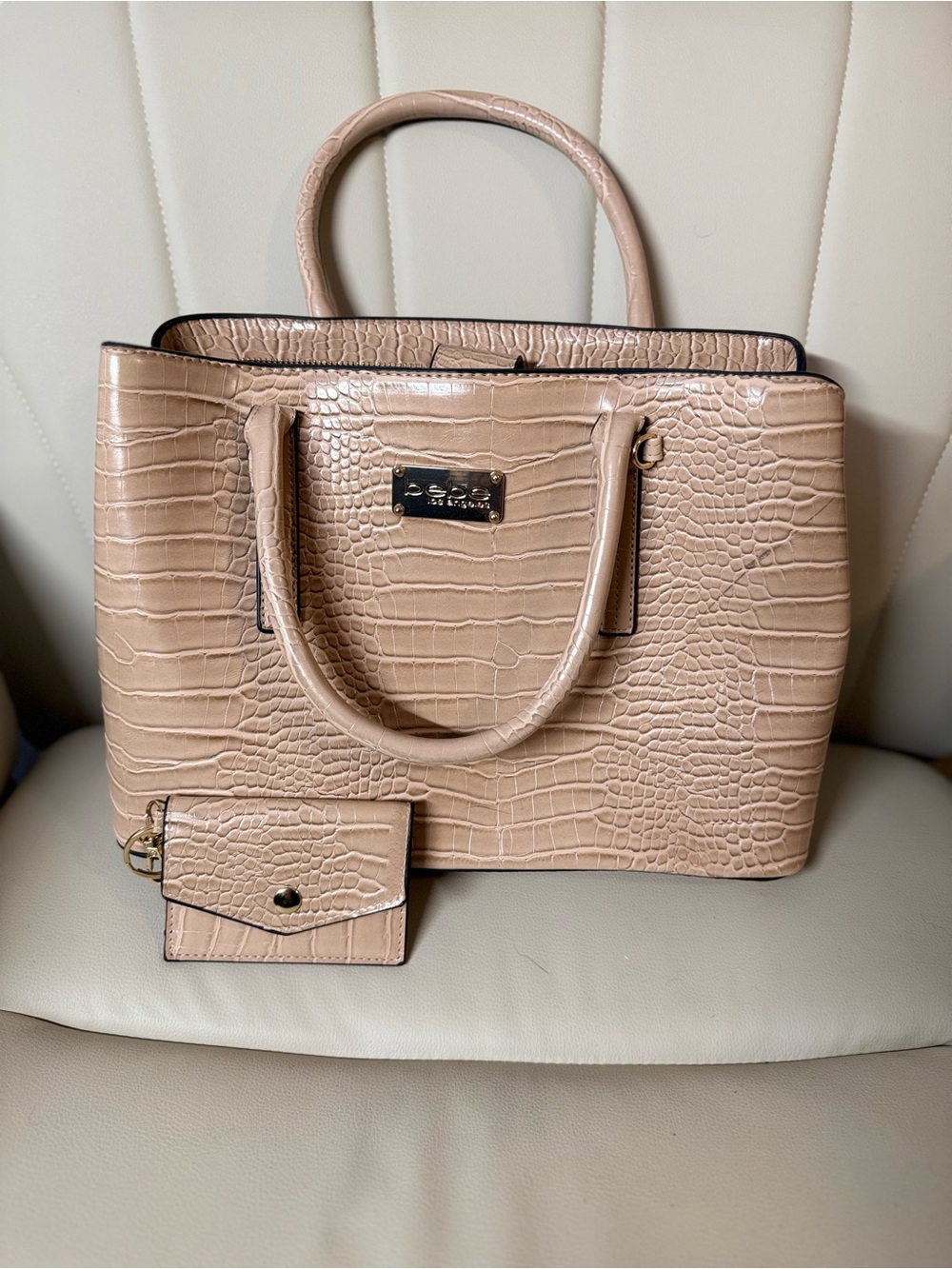bebe Croc-Embossed Nude Tote Bag with Card Wallet